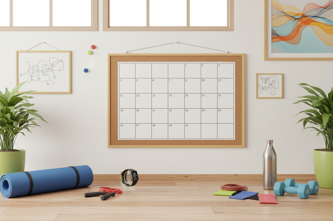 30-day fitness challenge setup with workout equipment and calendar - beginner workout challenge guide