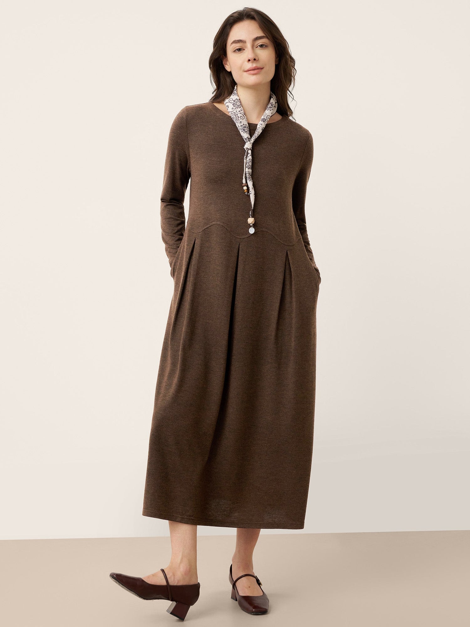 Wool Arc-Panel Sculpted Pleats Midi Dress CALISTA DestGlow