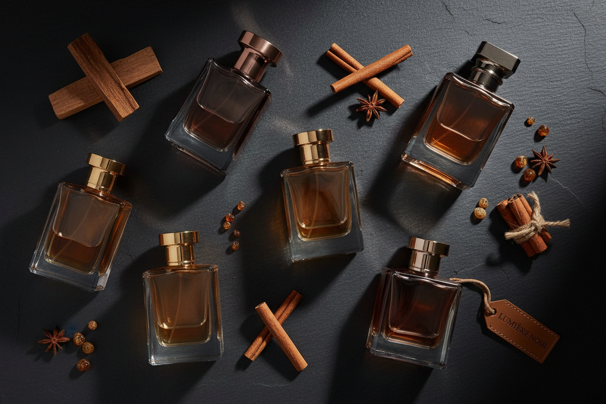 It shows a premium editorial flat lay of luxury cologne bottles on a dark slate surface with warm, dramatic lighting