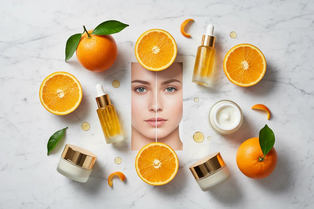 Brightening skincare products with citrus elements - dark spots and hyperpigmentation treatment guide