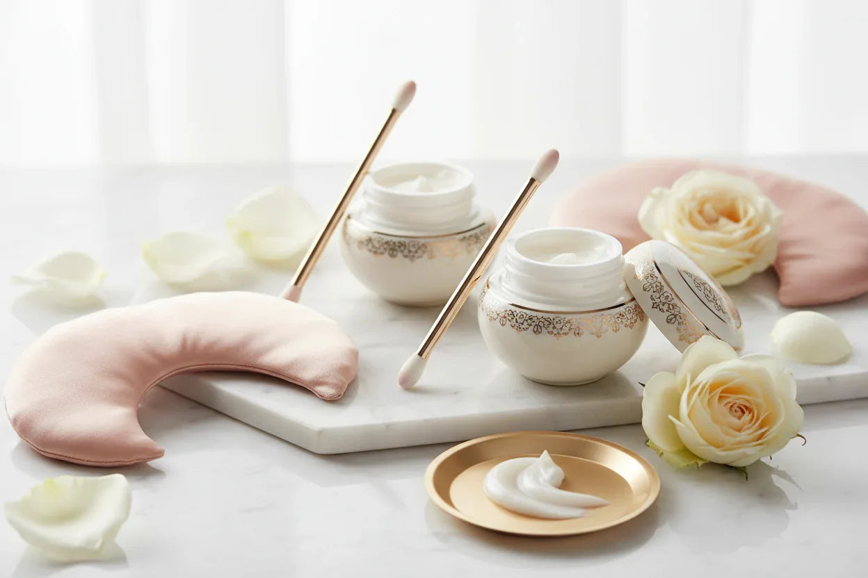 Elegant eye cream products on marble surface - complete eye care skincare guide