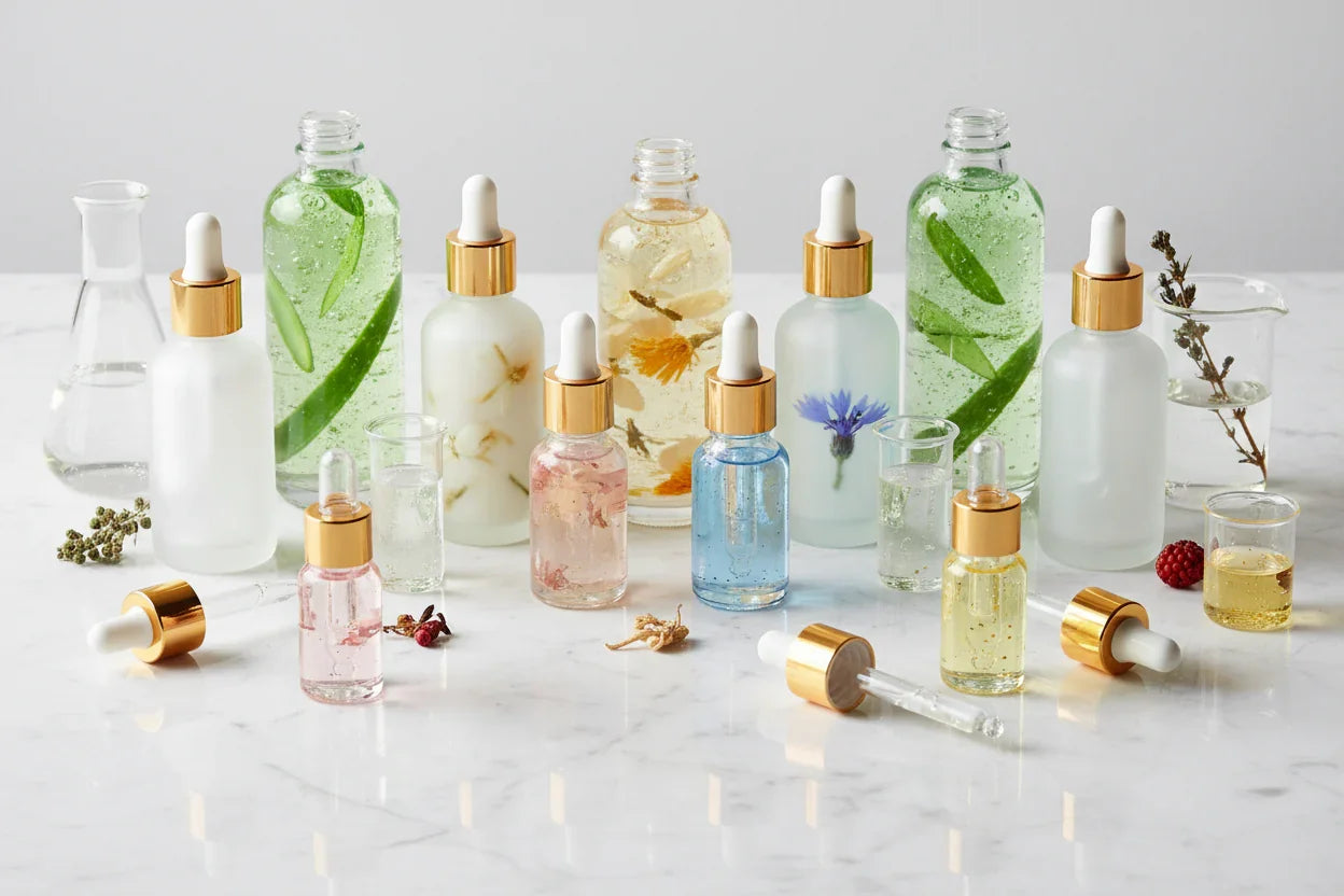 Multiple face serum bottles arranged for layering - complete serum guide for skincare