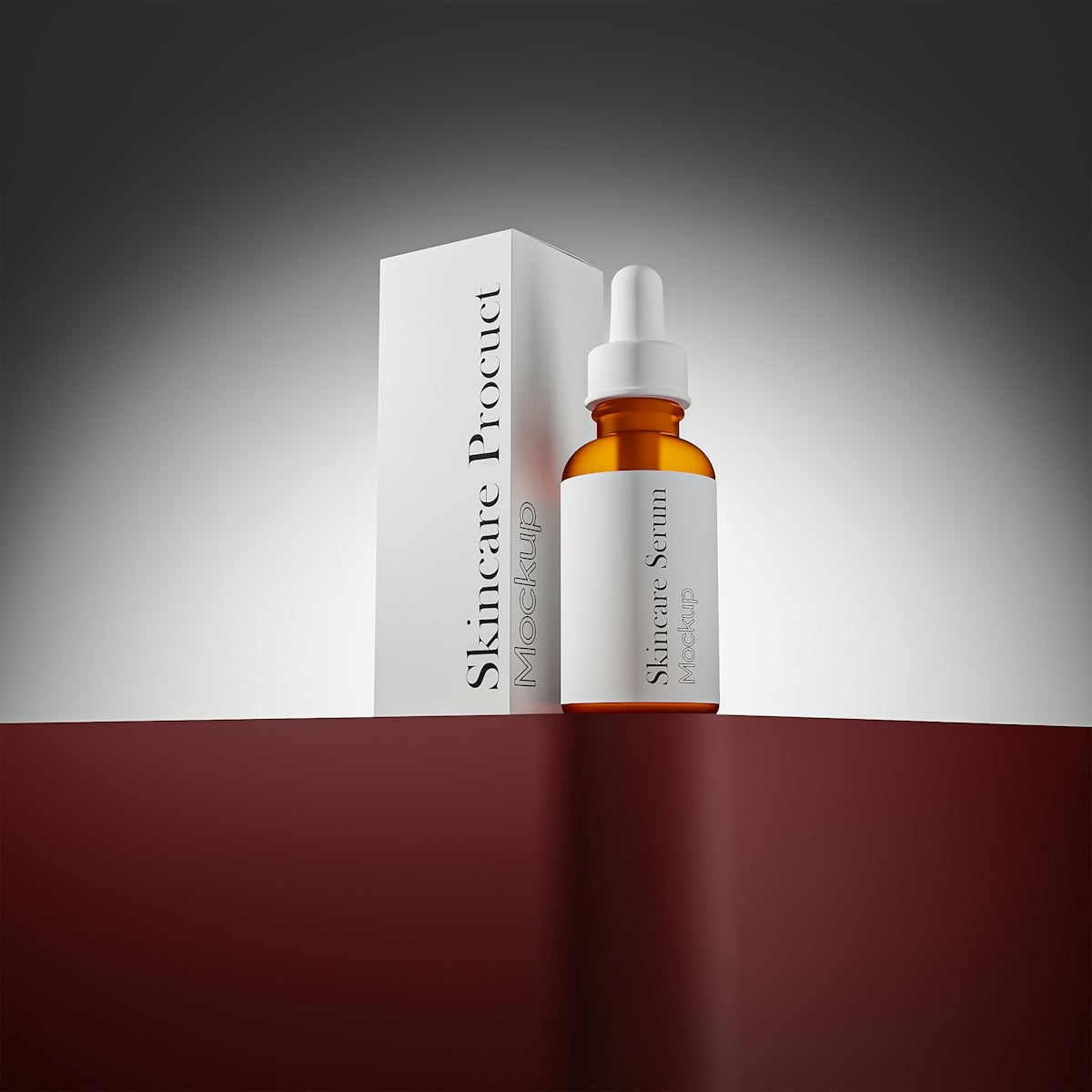 Skincare serum bottle and box on a red surface.