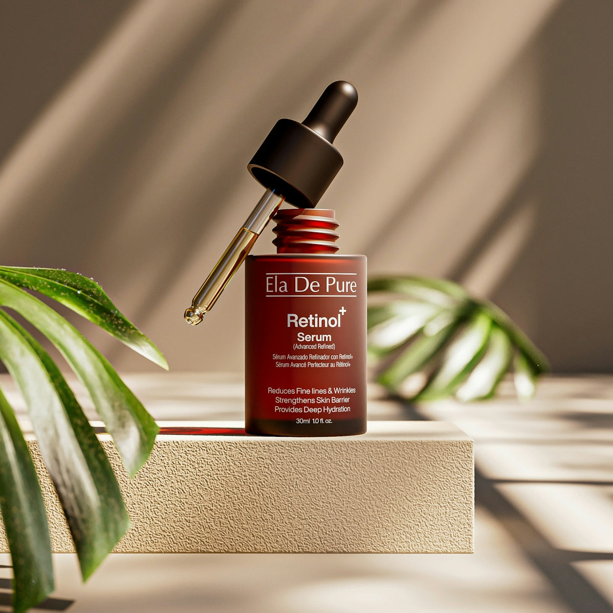 Retinol serum bottle with dropper on display stand.