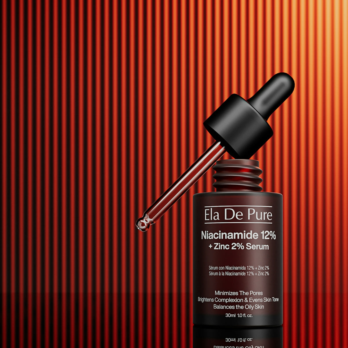 Bottle of niacinamide serum with dropper on striped background