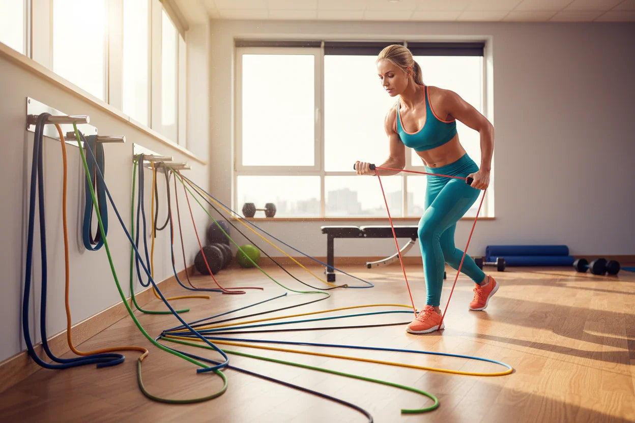 Colorful resistance bands workout setup on wooden floor - complete resistance band training guide