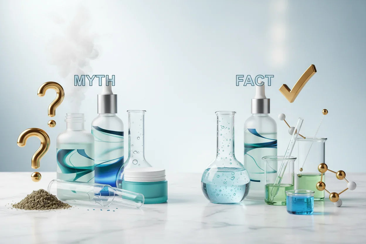 Skincare products with myth vs fact concept - skincare myths debunked guide