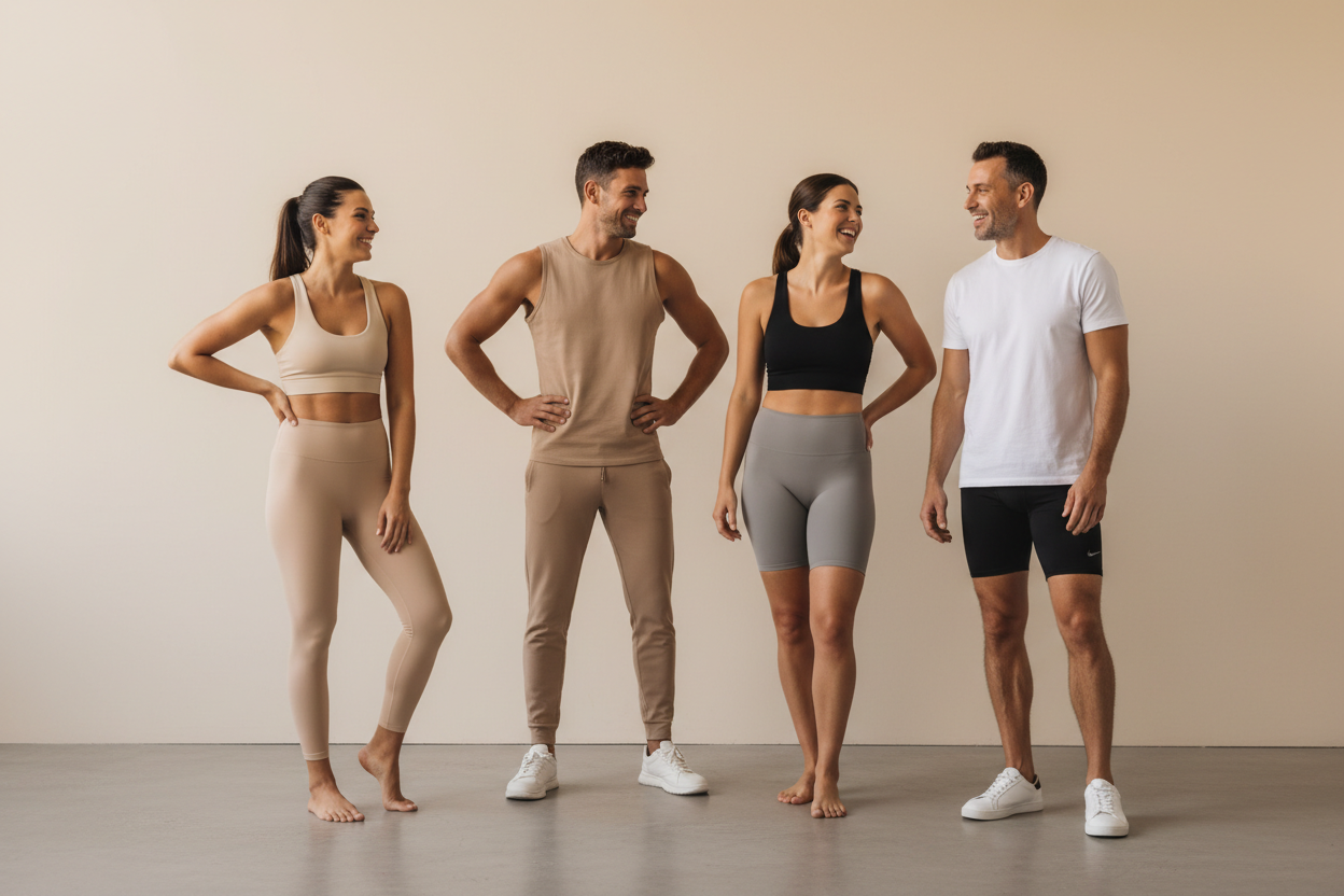 Full-body figures wearing nude and minimalist tone activewear including leggings and sports tops in beige, cream, and neutral colors against a clean background