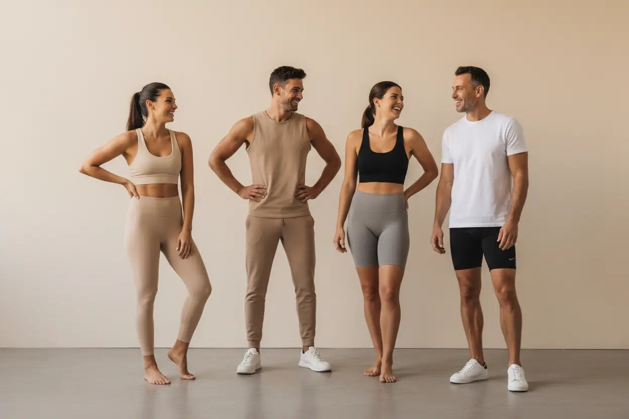 Full-body figures wearing nude and minimalist tone activewear including leggings and sports tops in beige, cream, and neutral colors against a clean background