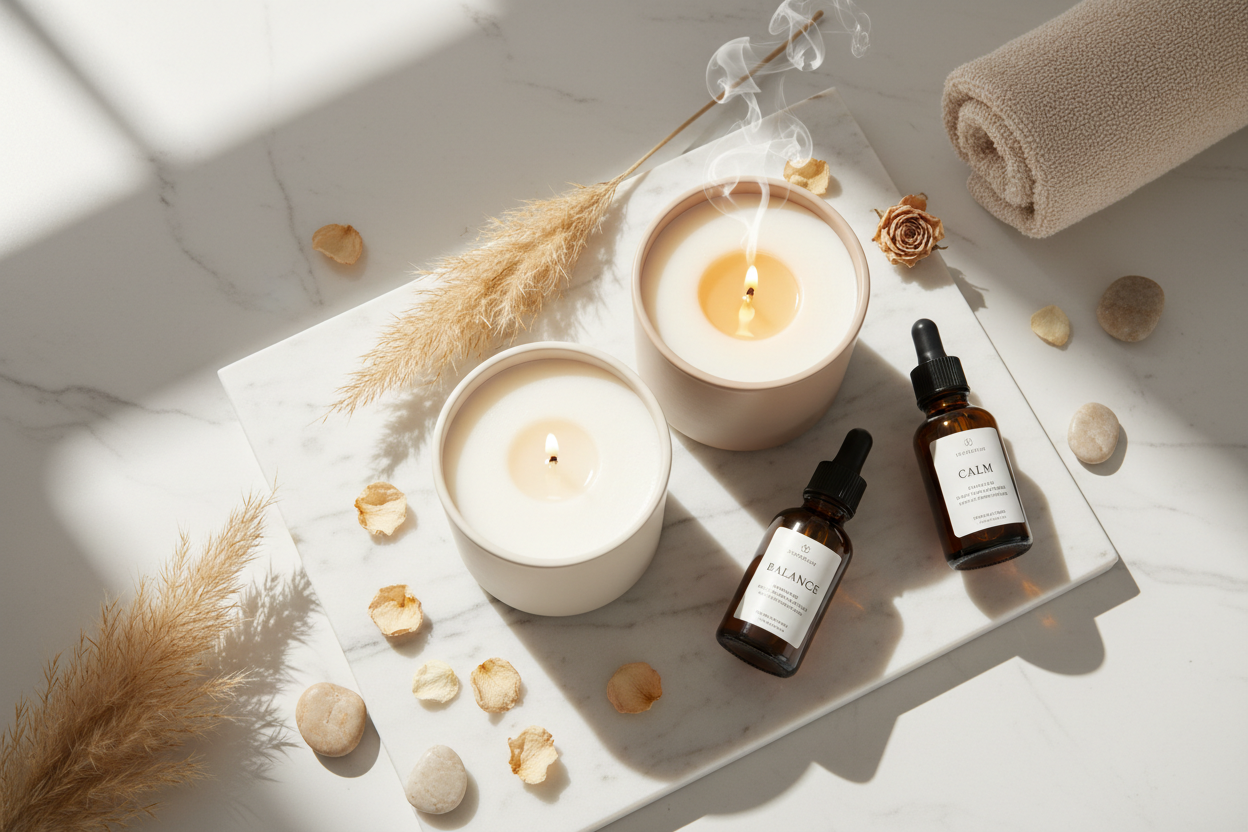 Luxury aromatherapy candles in cream and beige tones with essential oil bottles and dried botanicals on natural stone surface, warm candlelight glow creating serene spa ambiance for holistic wellness