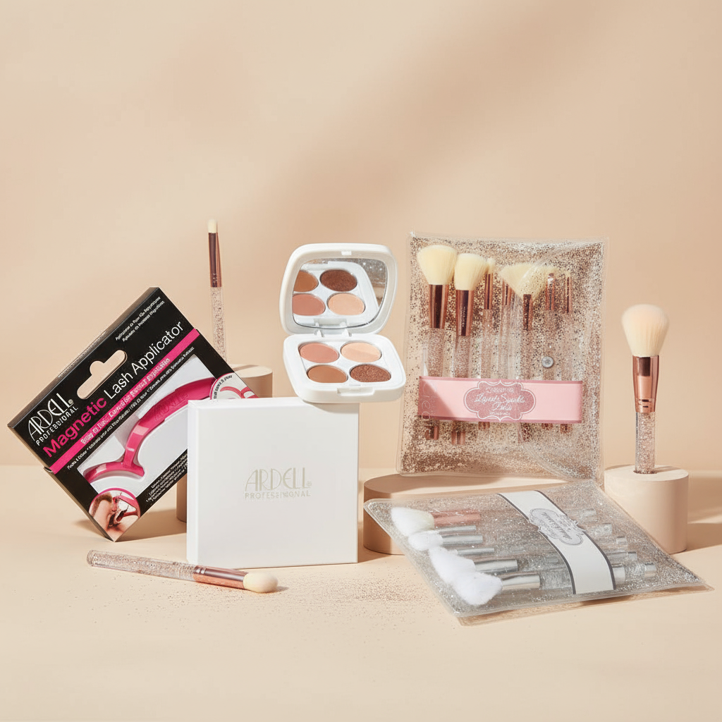 Beauty accessories collection featuring makeup brushes, lash applicators, and blotting paper compact on minimalist nude background