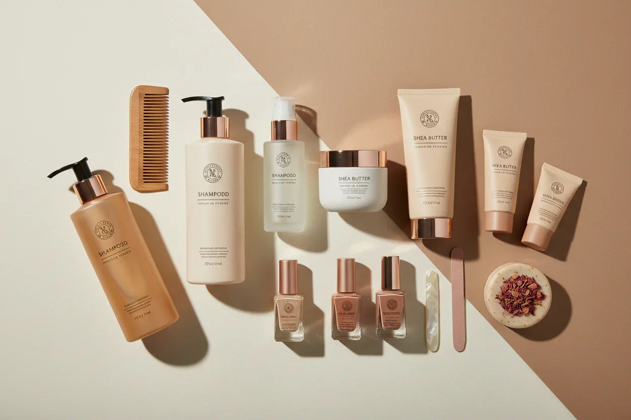 Beauty collection featuring premium skincare, haircare, body care, and nail care products