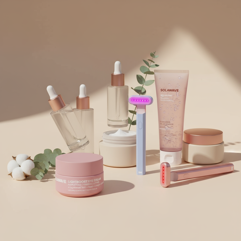 Best Sellers skincare collection featuring light therapy devices, serums, and cleansers in nude minimalist aesthetic
