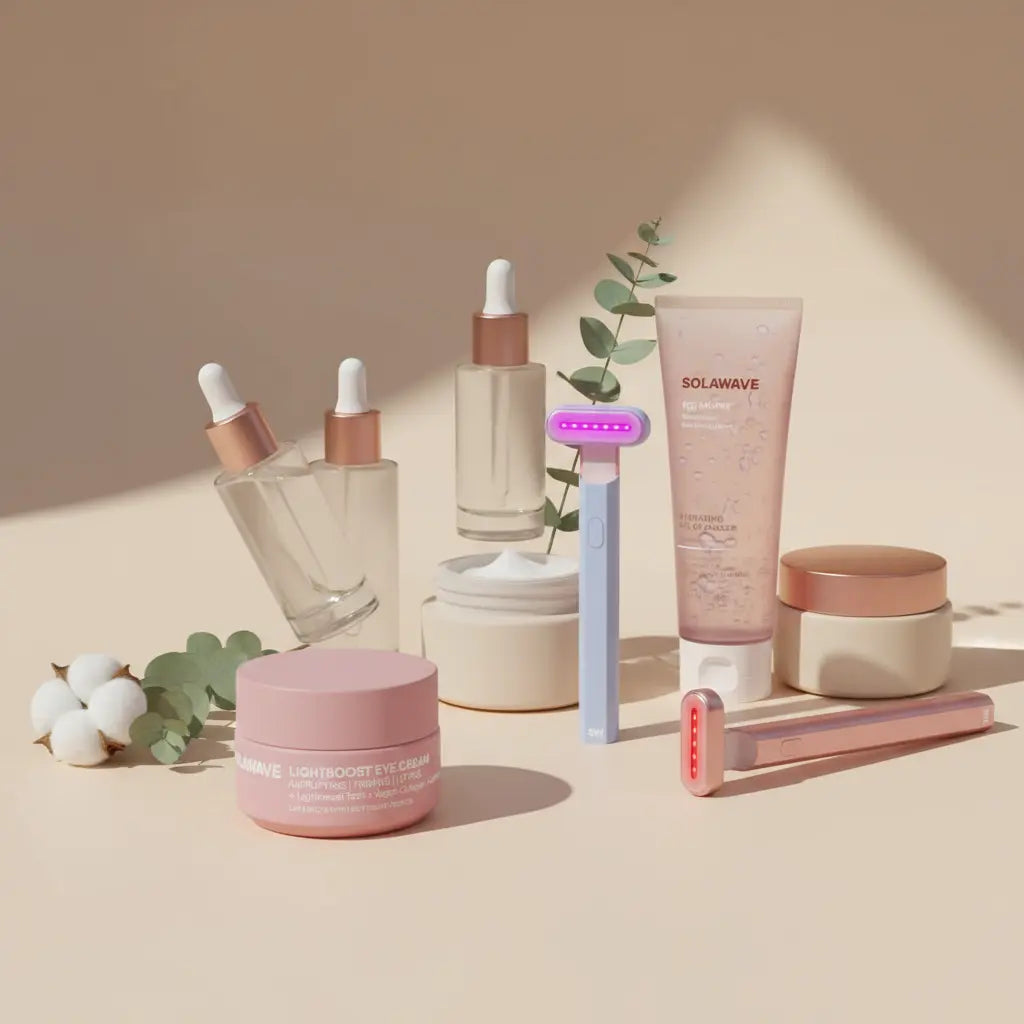 Best Sellers skincare collection featuring light therapy devices, serums, and cleansers in nude minimalist aesthetic