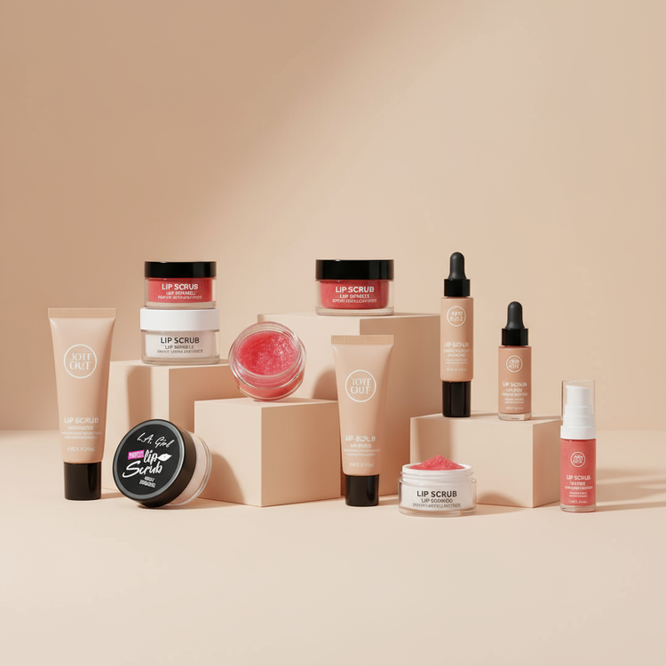 Bodycare collection featuring lip scrubs and exfoliators on minimalist nude background