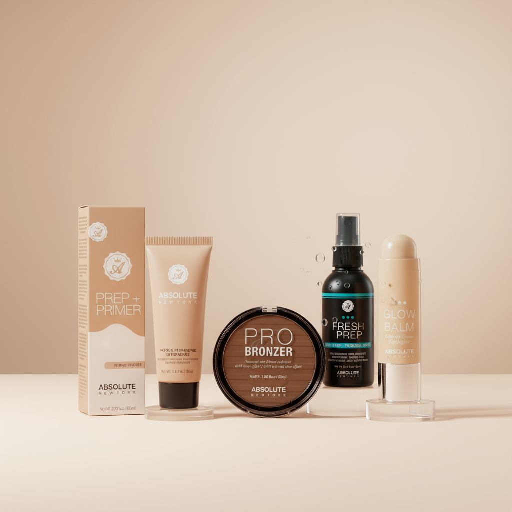 Face makeup collection featuring primers, bronzer palettes, highlighters, and setting sprays on minimalist nude background