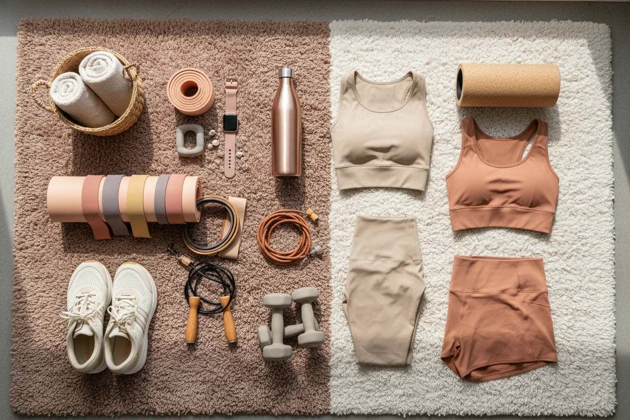 Fitness collection featuring workout equipment, athletic wear, and fitness accessories