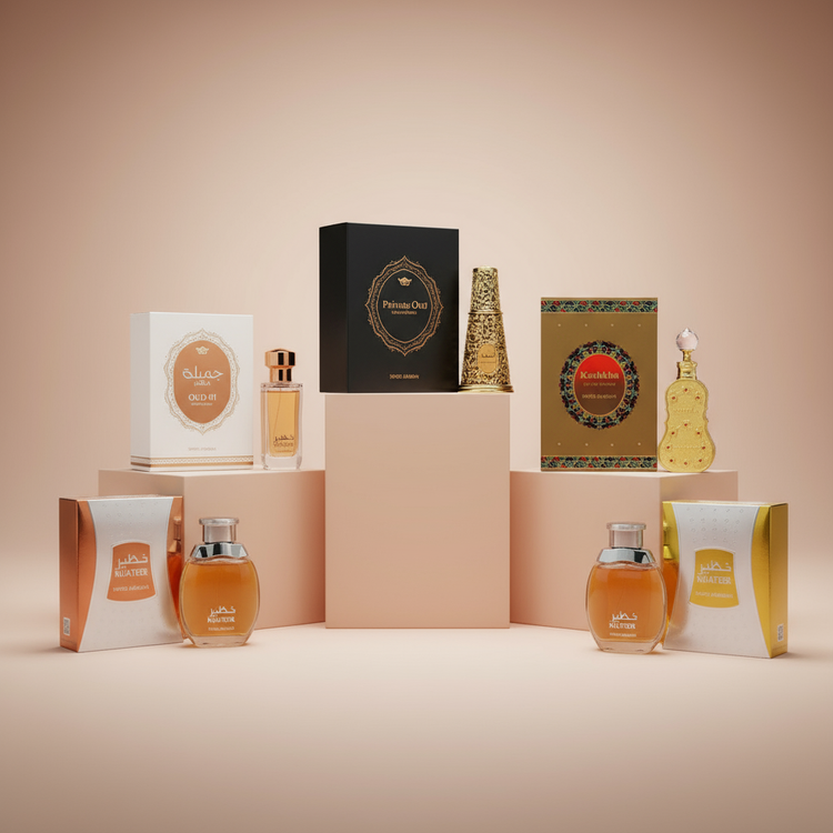 Luxury fragrance collection featuring Swiss Arabian, Dolce & Gabbana, and designer perfumes on minimalist nude background