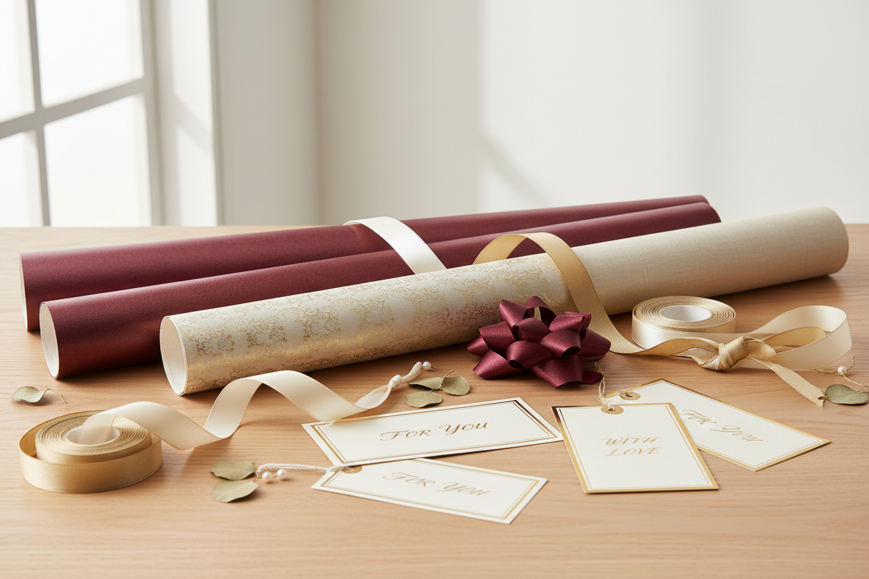 Elegant gift wrapping supplies including luxurious wrapping paper rolls in burgundy, gold, and cream with satin ribbons and decorative bows