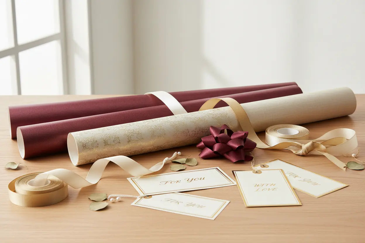 Elegant gift wrapping supplies including luxurious wrapping paper rolls in burgundy, gold, and cream with satin ribbons and decorative bows