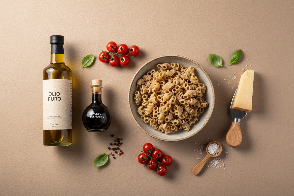 "Premium gourmet Italian foods including artisan pasta, extra virgin olive oil, and aged balsamic vinegar arranged on a neutral beige surface with fresh basil and tomatoes