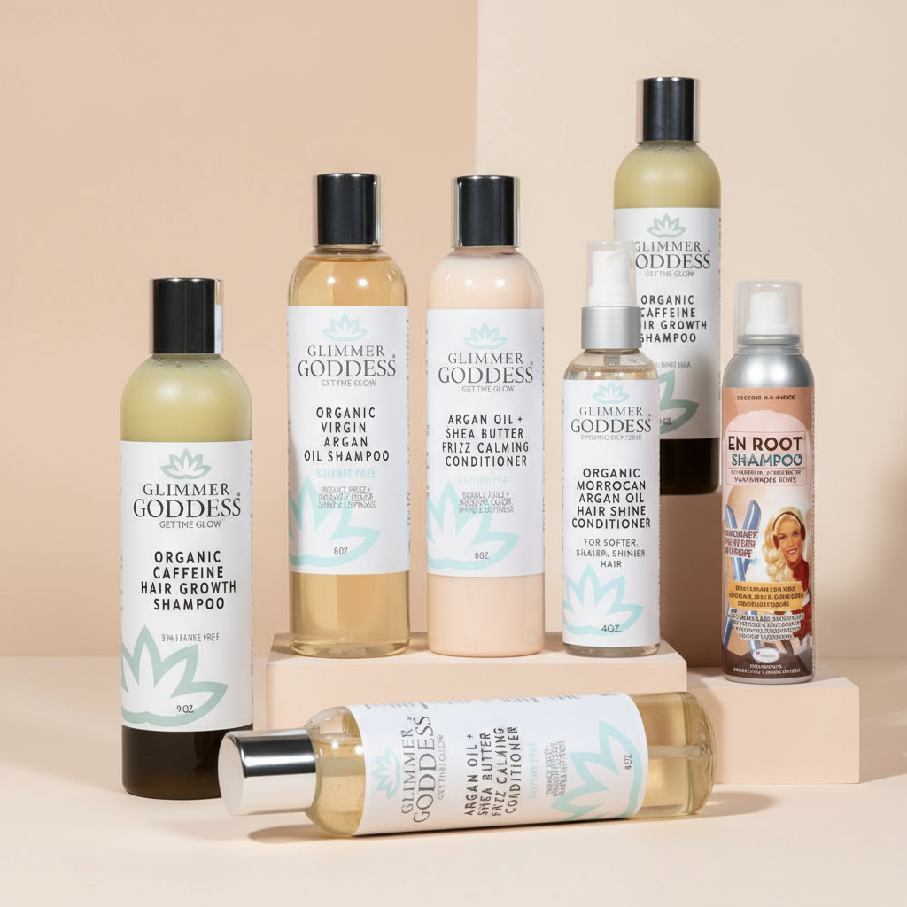 Haircare collection featuring organic shampoos, conditioners, argan oil treatments, and hair growth products on minimalist nude background