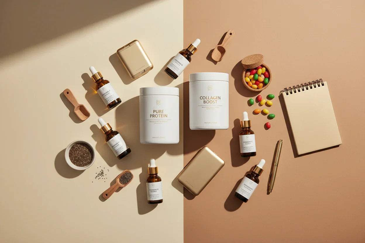 Health collection featuring wellness products, vitamins, supplements, and health essentials