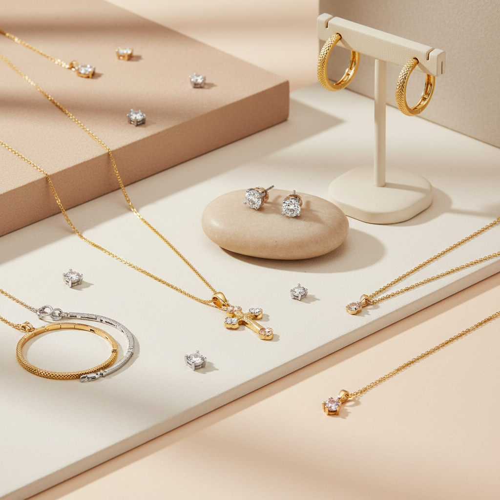 JElegant fine jewelry collection featuring gold necklaces, sparkling earrings, bracelets, and pendants arranged on neutral beige and cream surfaces with soft lighting