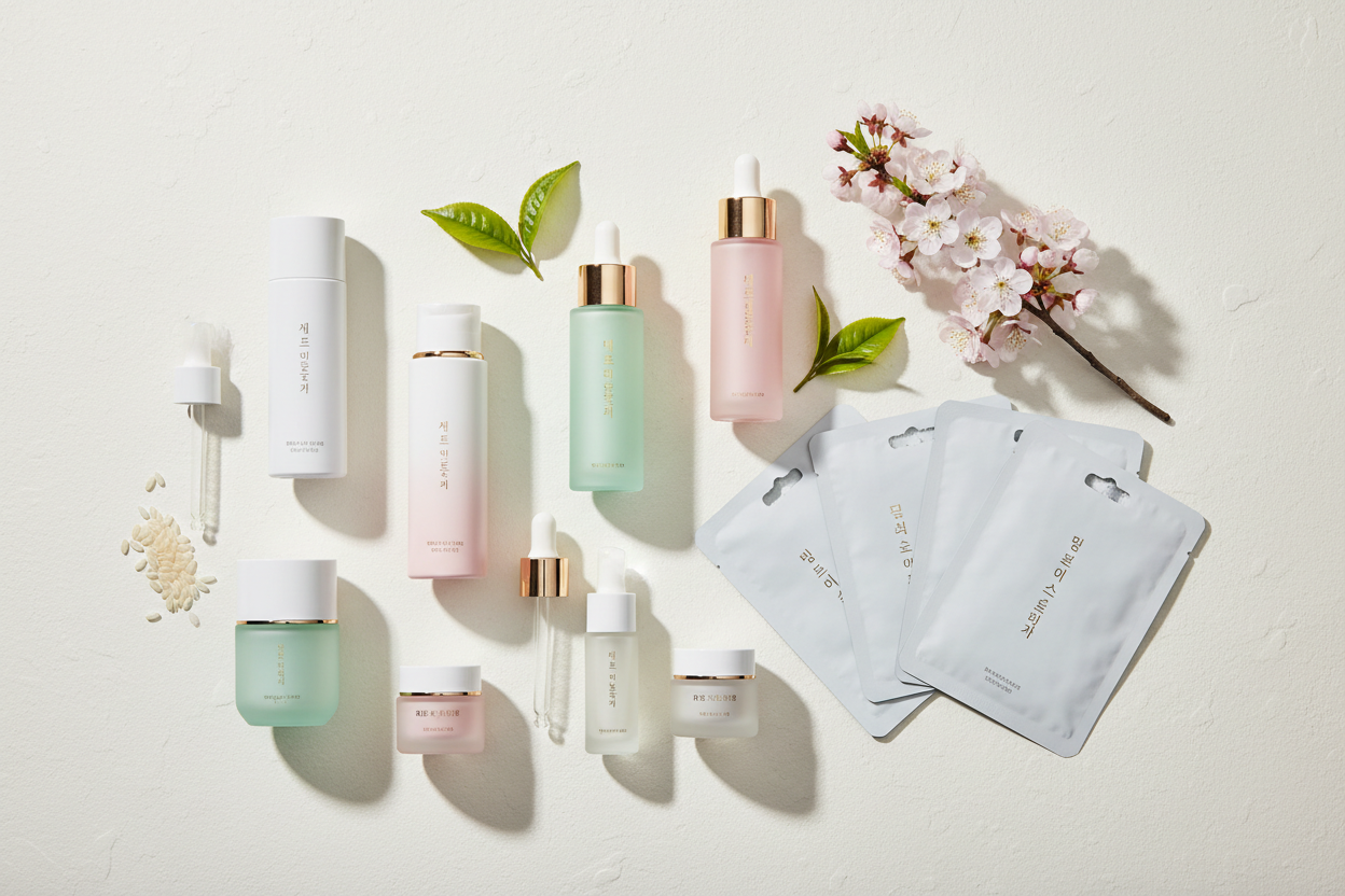 Korean beauty skincare products flatlay featuring modern K-beauty packaging, serums, essences, and sheet masks on minimalist background with natural elements