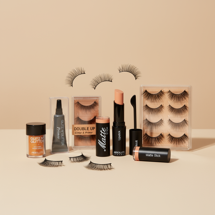 Luxury makeup collection featuring false eyelashes, lipsticks, and beauty products on minimalist nude background