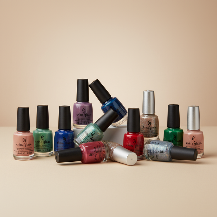 Nailcare collection featuring CHINA GLAZE nail polish in chrome, glitter, and various finishes on minimalist nude background