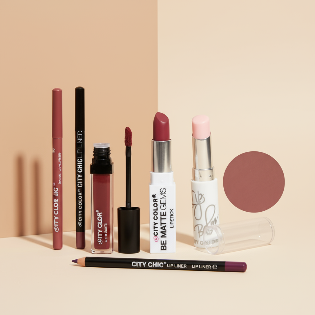 Lip makeup collection featuring lip glosses, lip liners, lipsticks, and lip balms on minimalist nude background