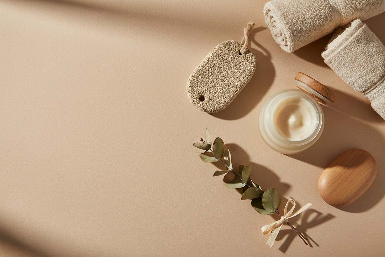 Premium foot care products including natural foot cream jar, pumice stone, and spa accessories on warm beige background - DestGlow wellness collection