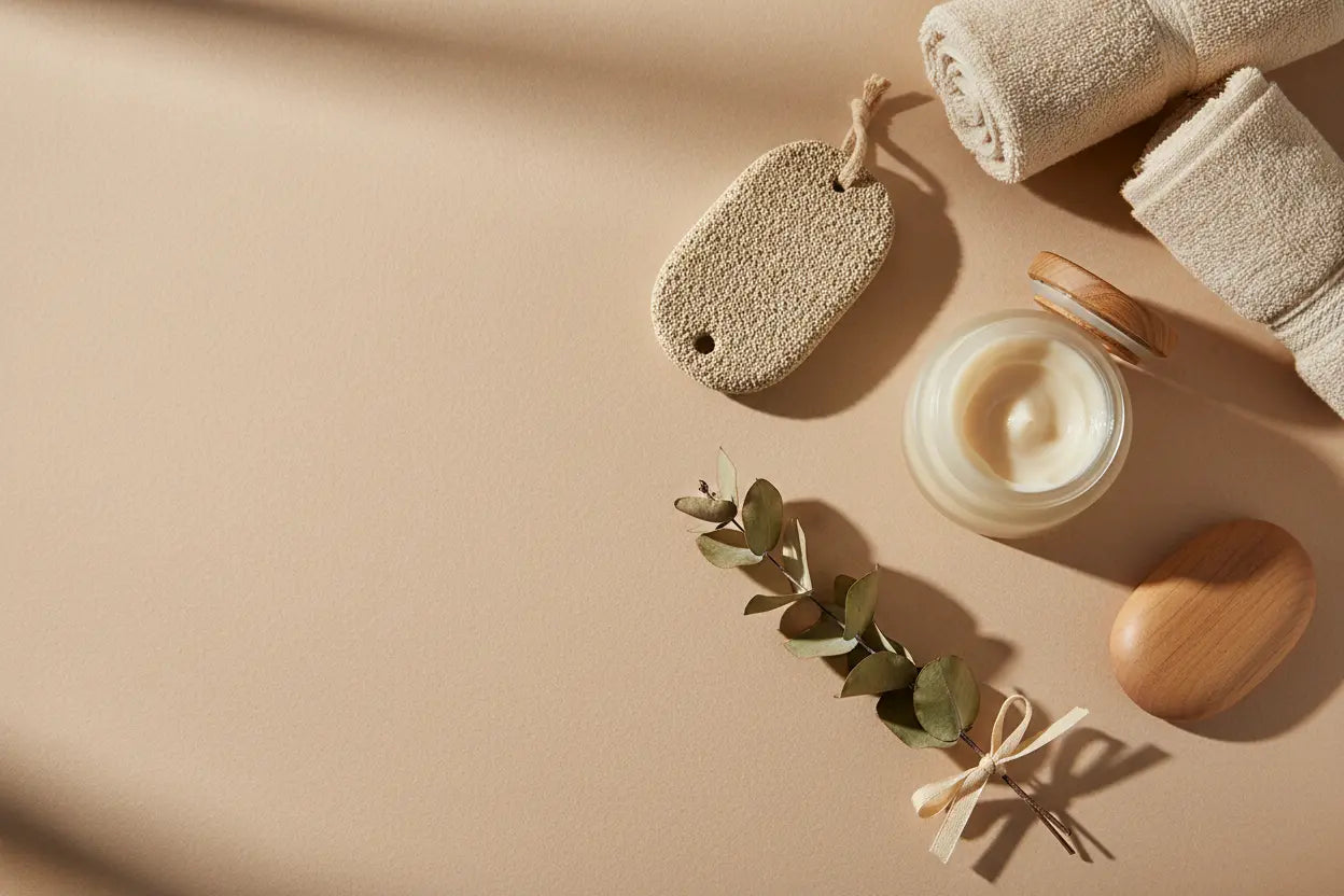 Premium foot care products including natural foot cream jar, pumice stone, and spa accessories on warm beige background - DestGlow wellness collection