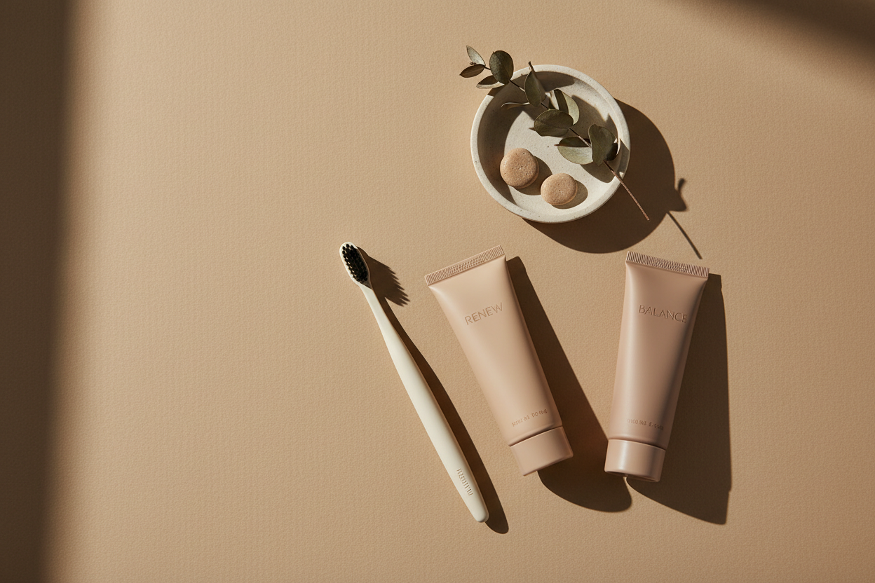 Premium oral care products including natural toothpaste and toothbrush on warm beige background - DestGlow wellness collection