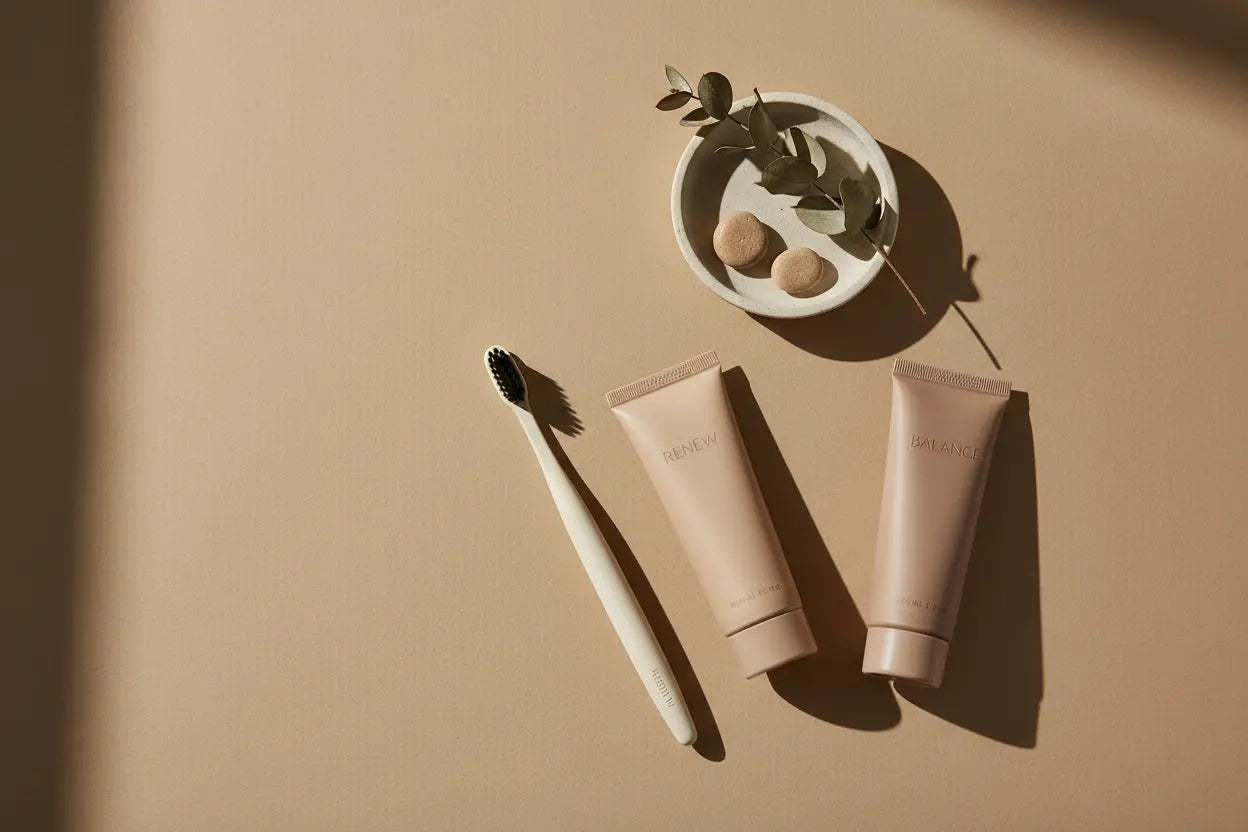 Premium oral care products including natural toothpaste and toothbrush on warm beige background - DestGlow wellness collection