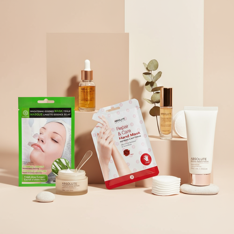 Skincare collection featuring face masks, hand masks, and protective masks on minimalist nude background
