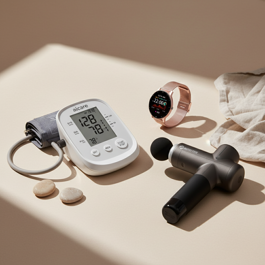 Premium smart fitness devices including smartwatch, massage gun, blood pressure monitor, and body fat scale arranged on neutral background - DestGlow wellness technology collection
