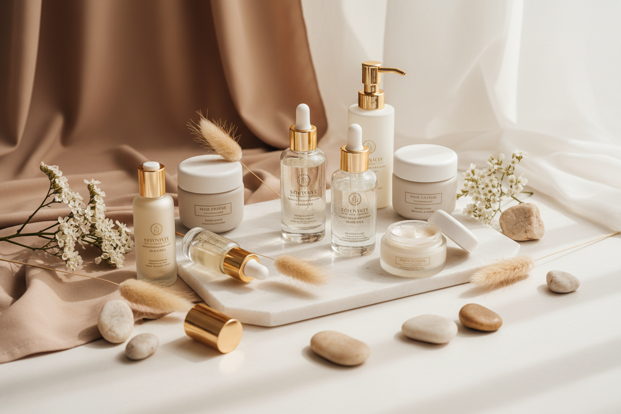  Luxury skincare products flatlay with premium serums, creams, and beauty devices in elegant packaging on nude beige background with natural elements