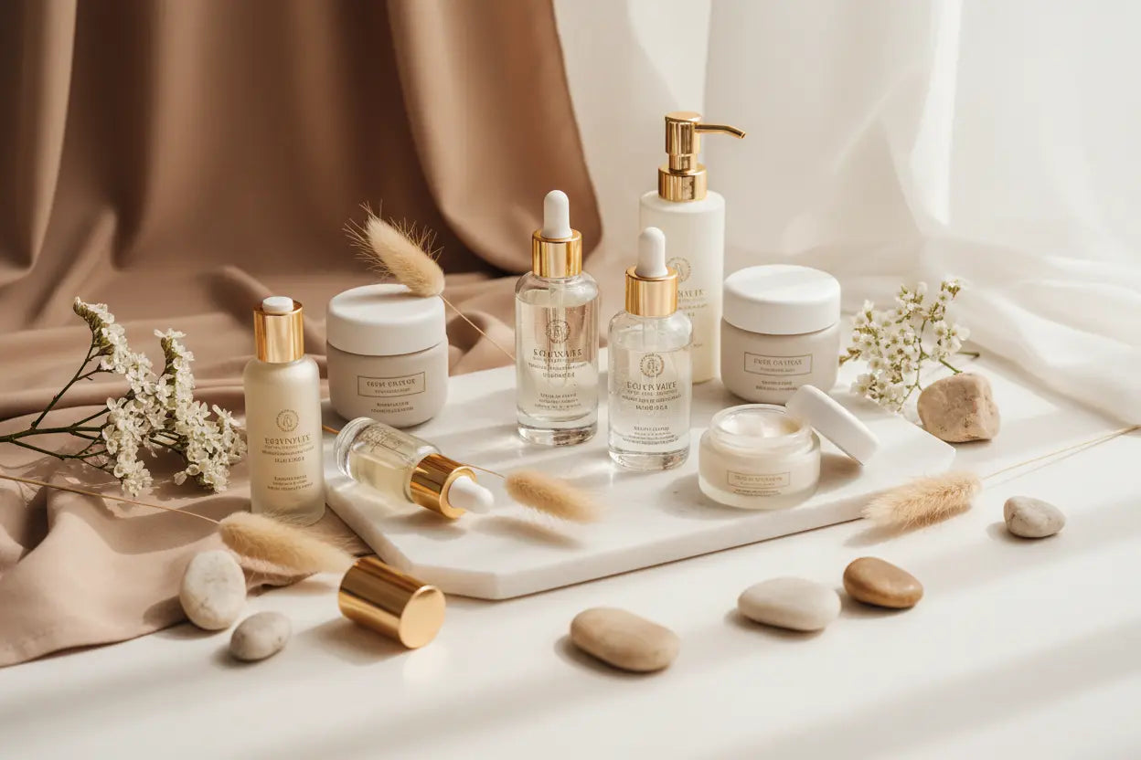  Luxury skincare products flatlay with premium serums, creams, and beauty devices in elegant packaging on nude beige background with natural elements