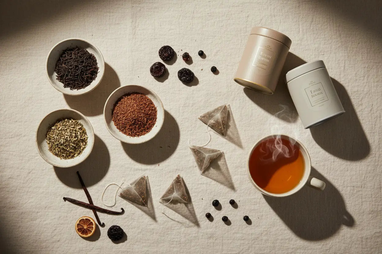 Minimalist flat lay of artisanal loose leaf teas in ceramic bowls with vintage tea tins and brewed tea in cream-toned cup on natural linen, featuring botanicals for holistic wellness