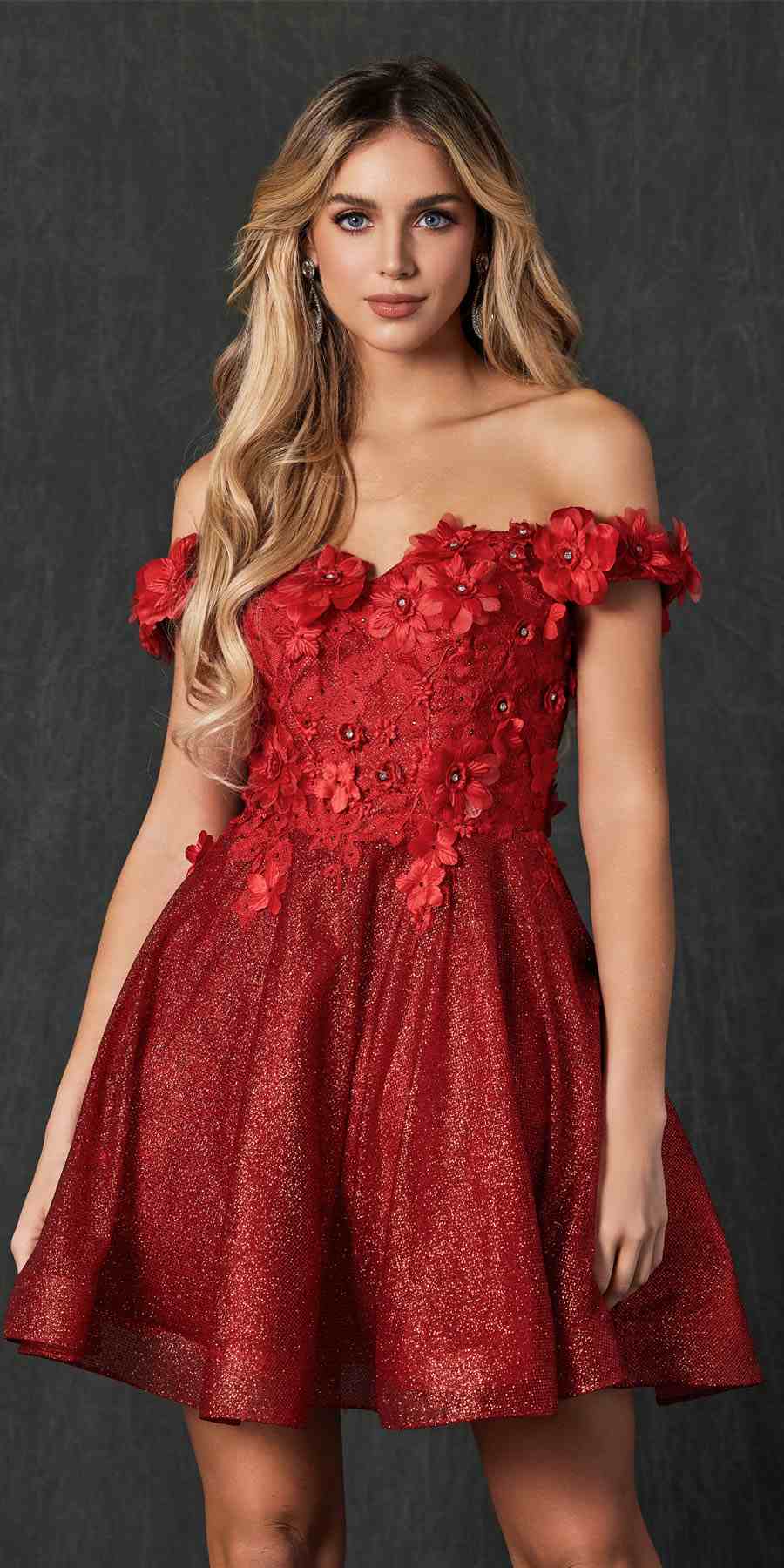 Juliet 861 Floral Embroidered Glitter Mesh Short A-Line Dress by DiscountDressShop