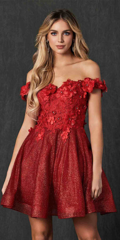 Juliet 861 Floral Embroidered Glitter Mesh Short A-Line Dress by DiscountDressShop