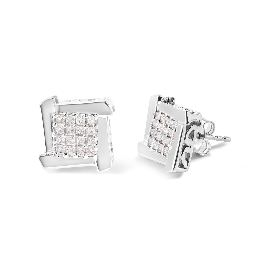10K White Gold 1/2 Cttw Composite Princess Diamond Square and Swirl Stud Earrings (I-J Color, I1-I2 Clarity) by Bids.com