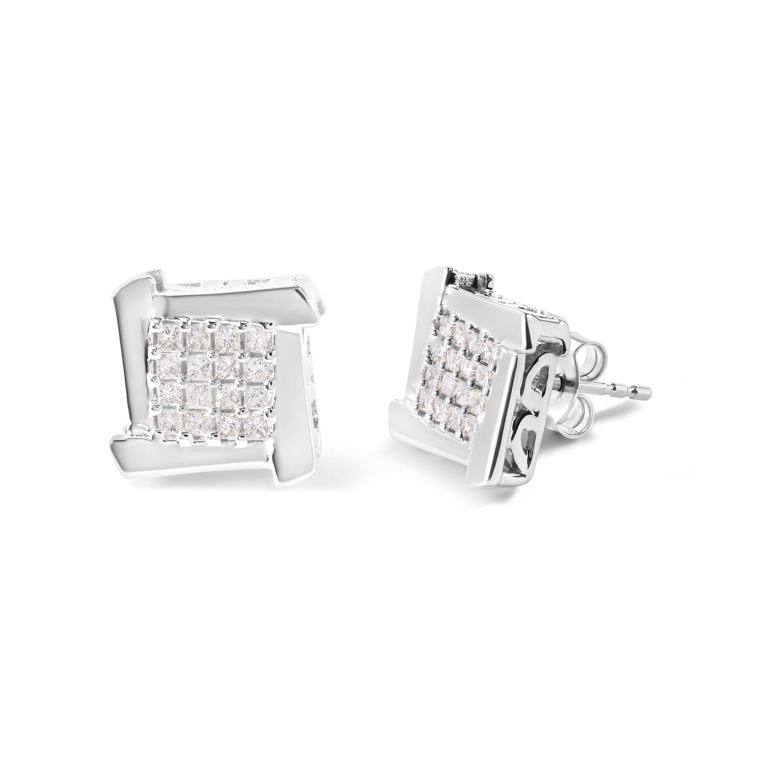 10K White Gold 1/2 Cttw Composite Princess Diamond Square and Swirl Stud Earrings (I-J Color, I1-I2 Clarity) by Bids.com