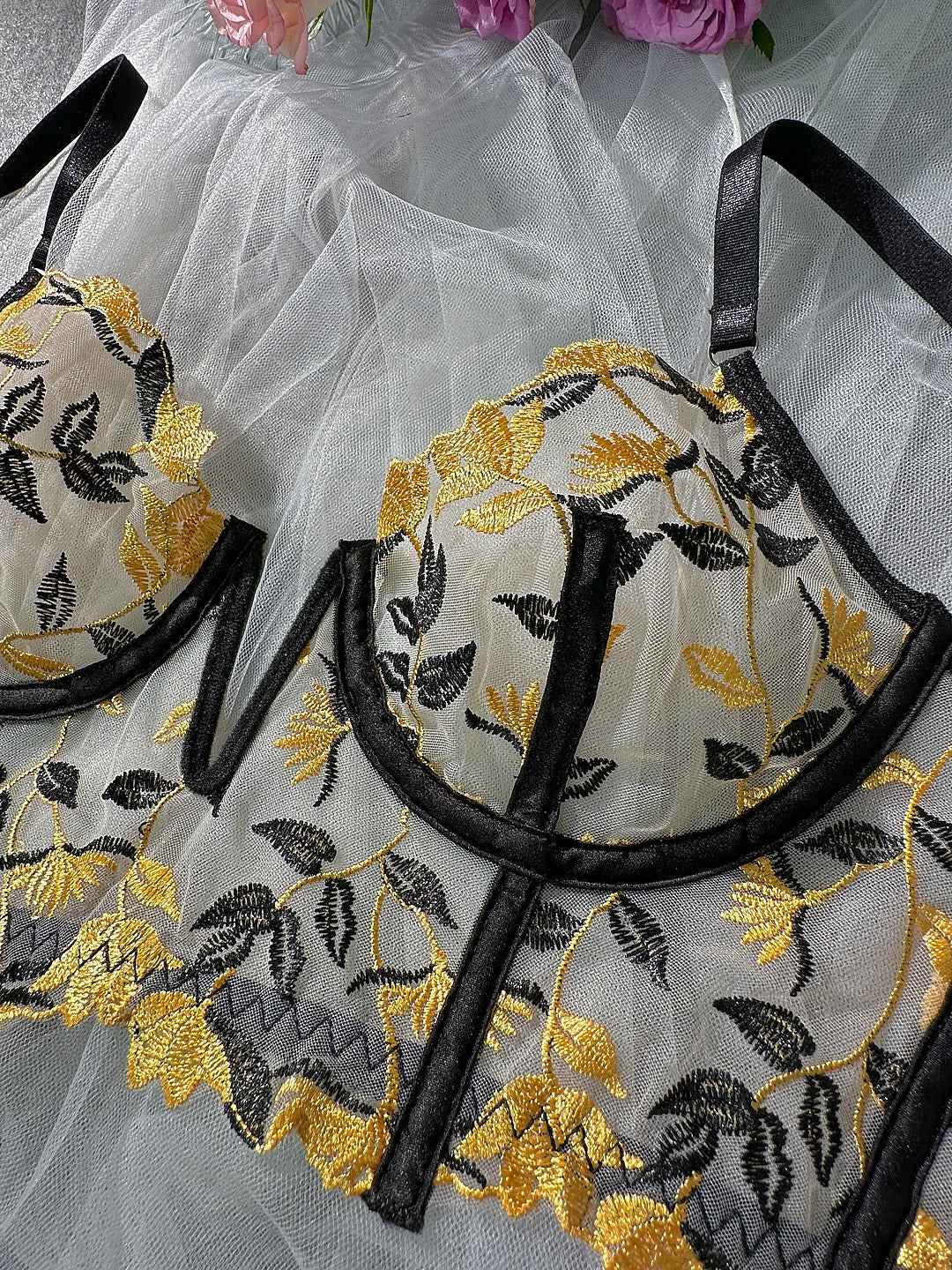 Black Embroidered Corset &amp; Panty Lingerie Set