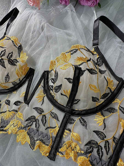Black Embroidered Corset &amp; Panty Lingerie Set