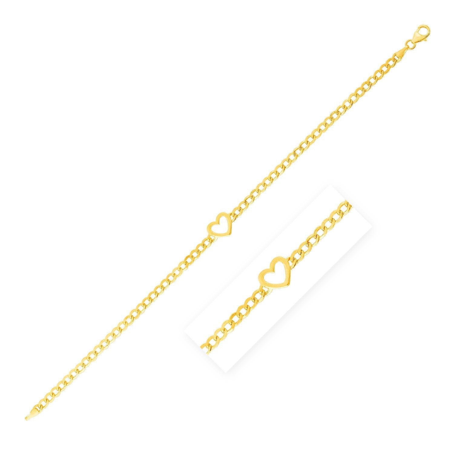 14k Yellow Gold 7 inch Curb Chain Bracelet with Heart  DestGlow