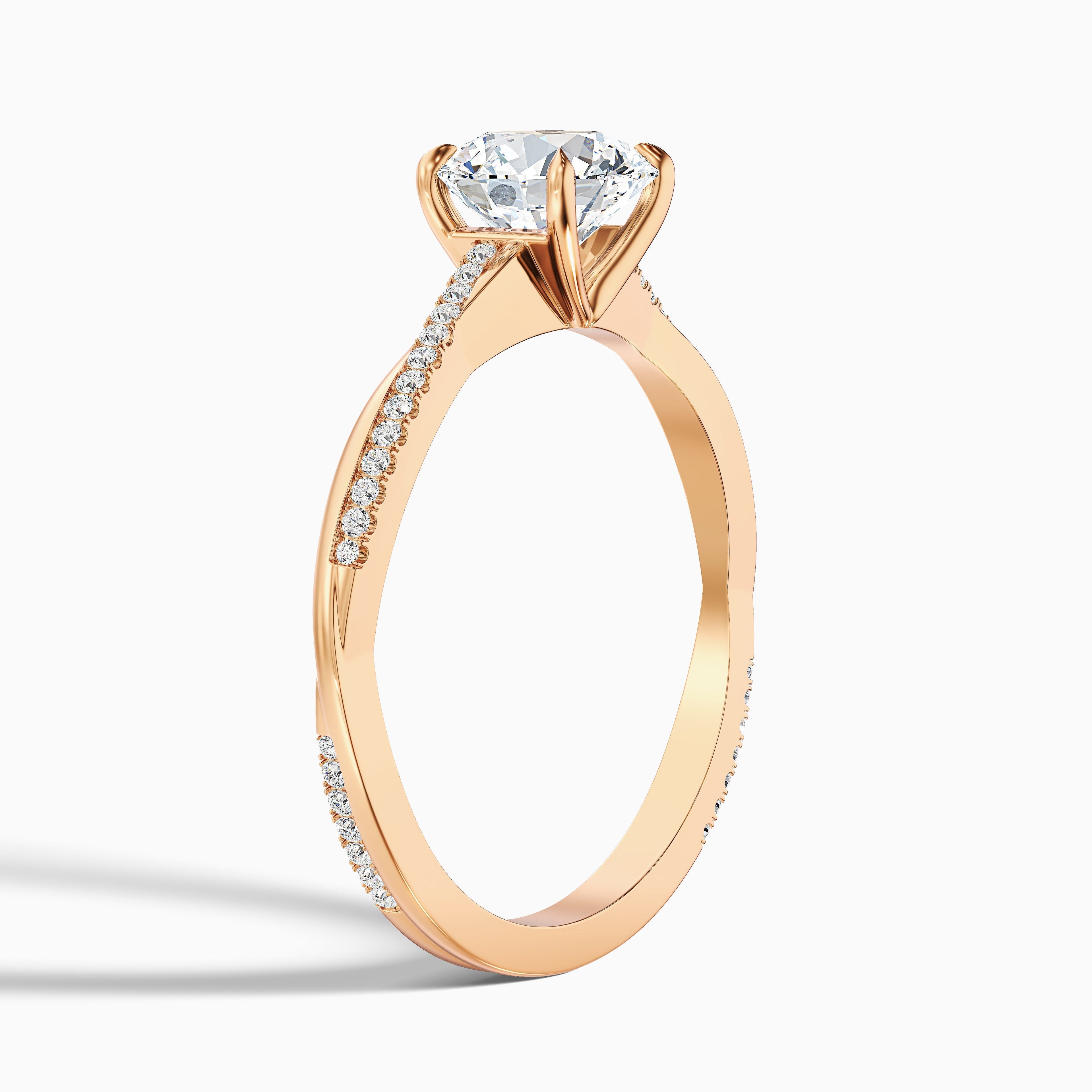Amy 1 Carat Round Cut Side Stone Twisted Pave Moissanite Diamond Ring in 14k Rose Gold  DestGlow