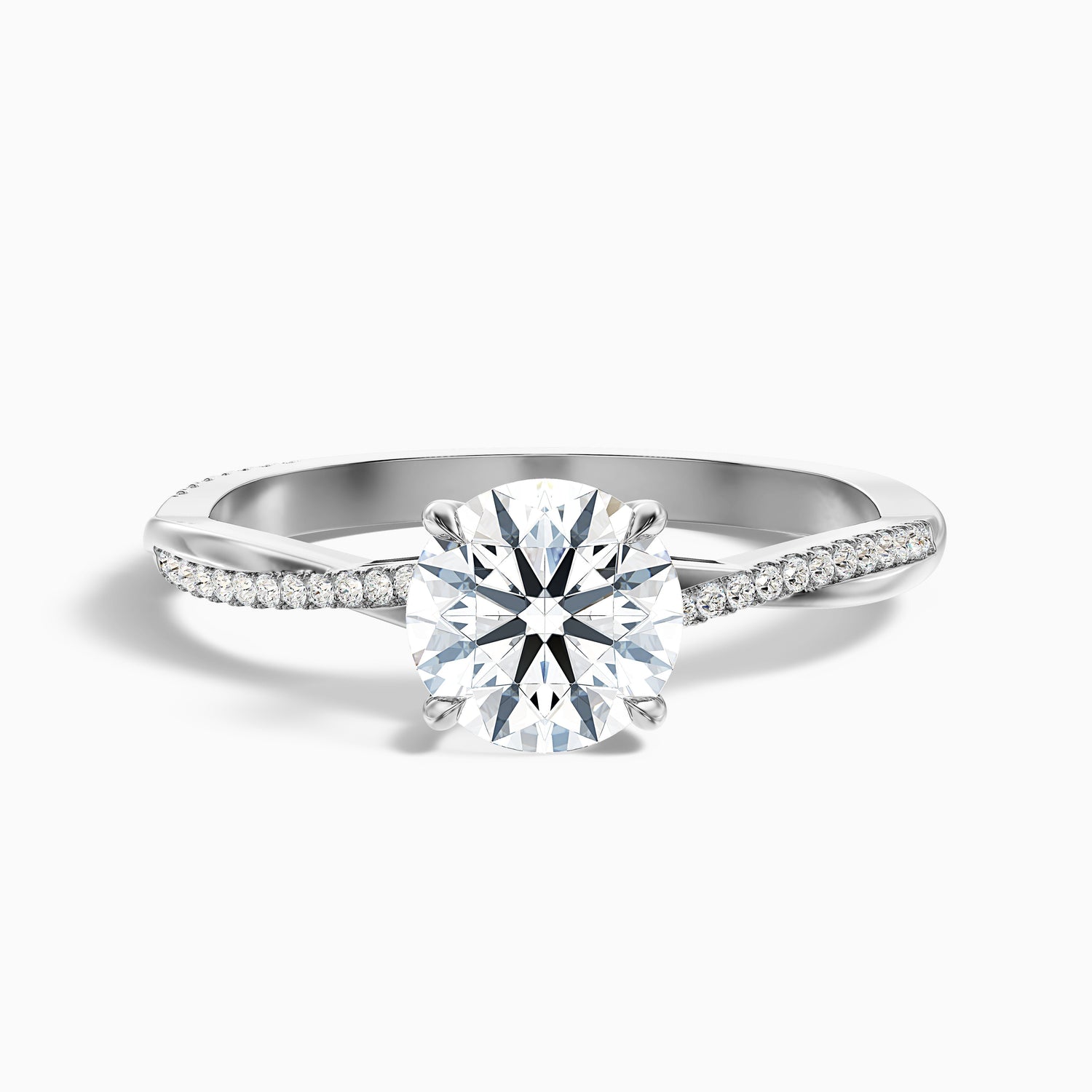 Amy 2 Carat Round Cut Side Stone Twisted Pave Moissanite Diamond Ring in 18k White Gold